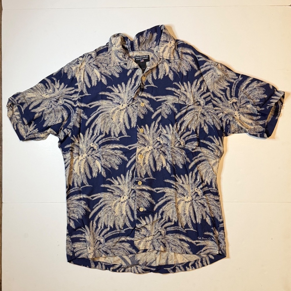 Polo Ralph Lauren Jeans Co Mens Small Navy Blue Rayon Palm Tree Hawaiian Shirt